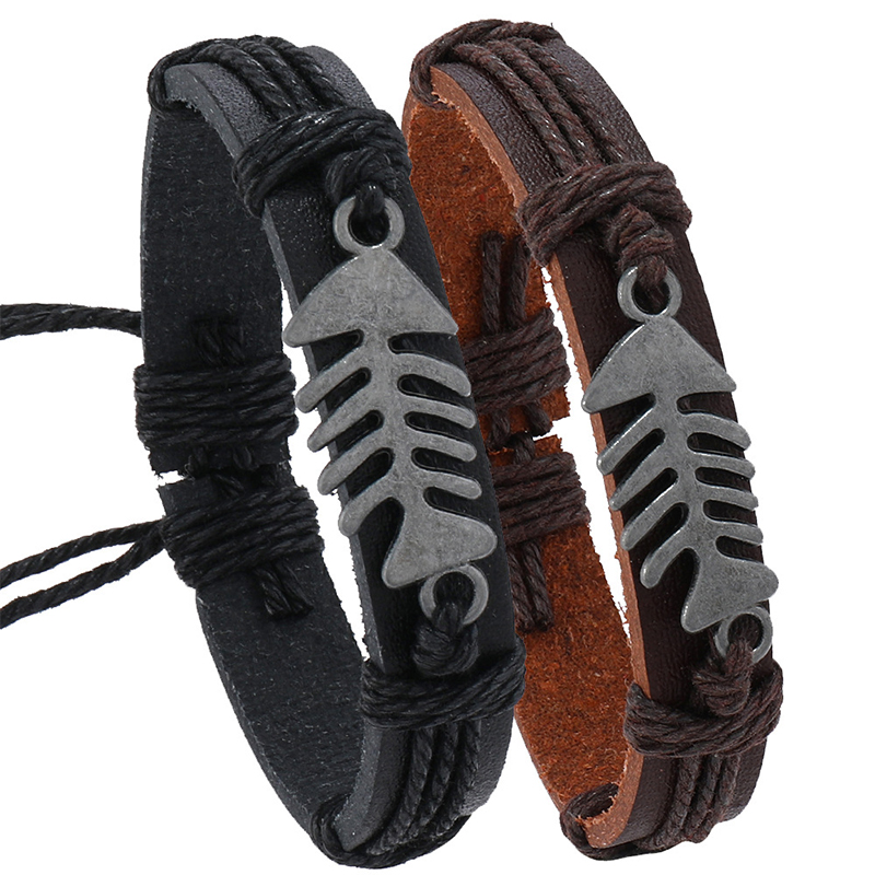 Men Accessories Pk - กำไลข้อมือหนังทอลายก้างปลาแนวย้อนยุคยอดนิยมสร้อยข้อมือผู้ชายสีน้ำตาลดำเครื่องประดับชิ้นเล็ก