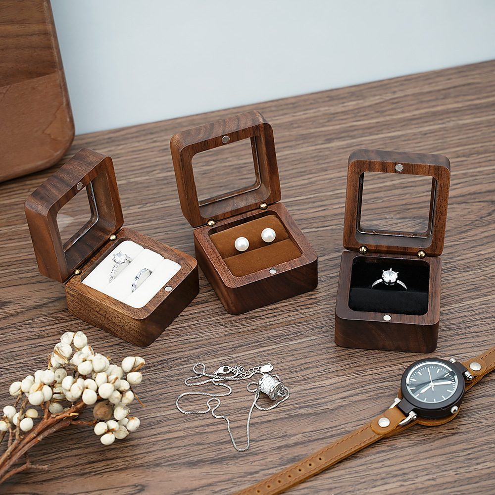 Cufflink Box Set - วอลนัทสีดํา Solid กล่องแหวนเดี่ยวคู่กล่องแหวนต่างหูกล่อง Cufflinks กล่อง Vintage