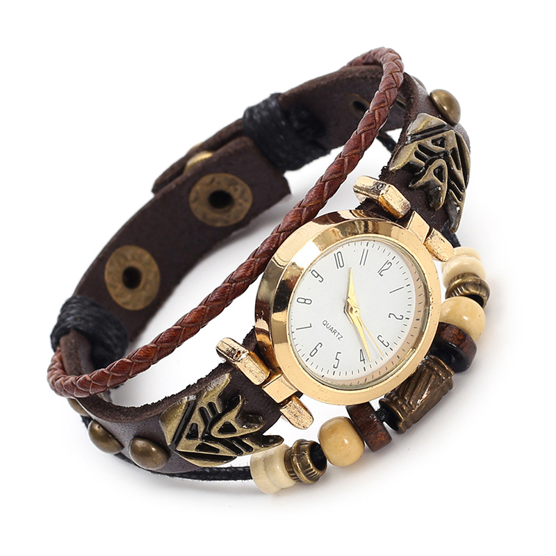 Men Accessories Pk - นาฬิกาควอตซ์หนังวินเทจฮิปฮอปพังก์นาฬิกาข้อมือแบบยูนิเซ็กซ์สร้อยข้อมือหนังวัวสำหรับผู้ชายผู้หญิงสตรีทแวร์อุปกรณ์เสริม