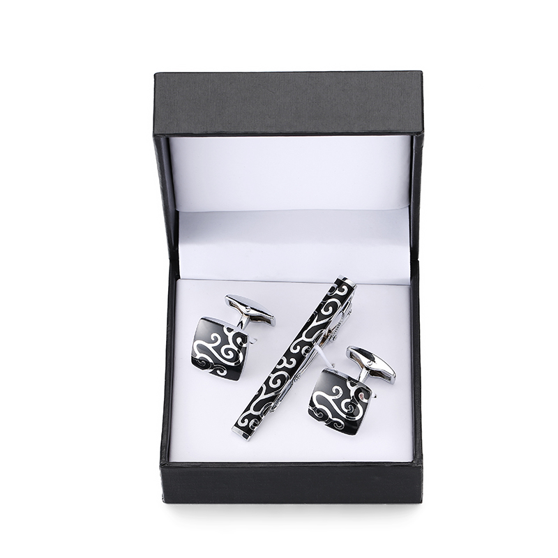 Cufflink Box Set - DY ชุดของที่มีคุณภาพสูงงานฝีมือเคลือบสีดำตารางสีเงินกระดุมข้อมือไทสีดำคลิปรูปแบบกล่องสี่เหลี่ยมเครื่องประดับขายส่ง