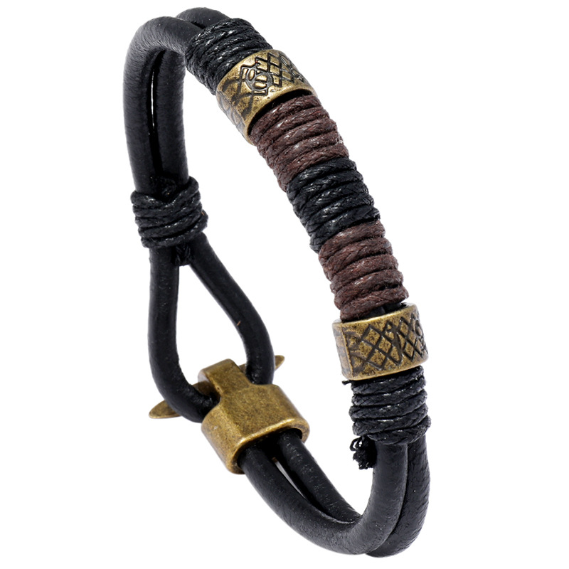 Men Accessories Pk - สร้อยข้อมือผู้ชายสไตล์พังก์คุณภาพสูง สีดำ ดีไซน์โดดเด่น ทำจากหนังถักผสมโลหะผสม พร้อมเชือกป่าน ของขวัญชิ้นเล็กๆ