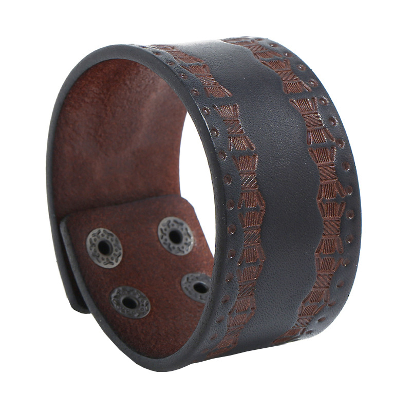Men Accessories Pk - สร้อยข้อมือพังก์วินเทจสำหรับผู้ชาย - กำไลหนังแท้ลายนูนเรียบง่าย, อุปกรณ์เสริมเครื่องประดับผู้ชายที่มีสไตล์
