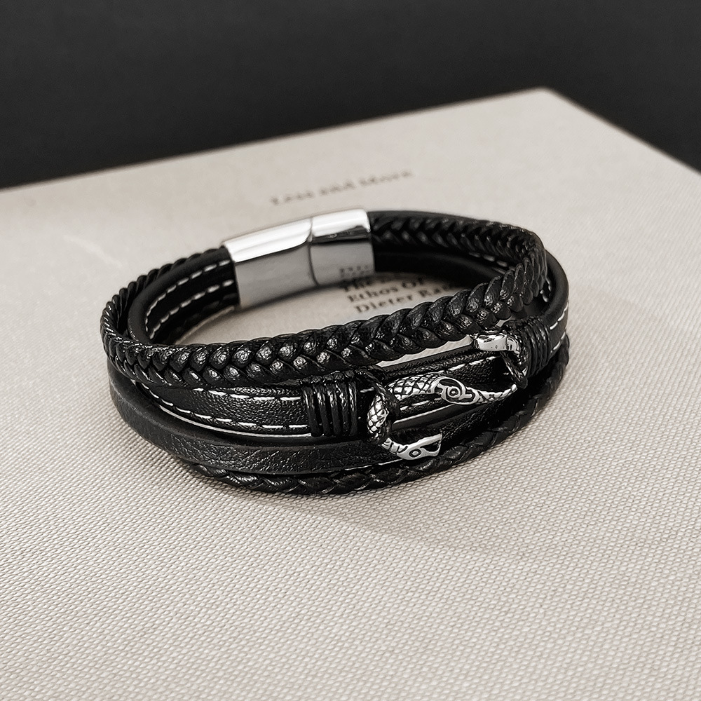 Men Accessories Pk - สแตนเลส Creative Snake Accessories สร้อยข้อมือหนังทอหลายชั้นสําหรับผู้ชาย