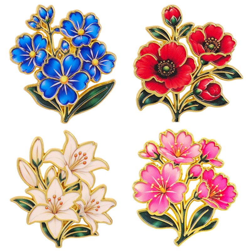 Lapel Pin Enamel - เข็มกลัดเคลือบสีสันสดใสลายดอกไม้สไตล์วินเทจน่ารัก ลายดอกลิลลี่ เชอร์รี่ ดอกป๊อปปี้ ใบไม้สีฟ้า เหมาะสำหรับติดกระเป๋าเป้