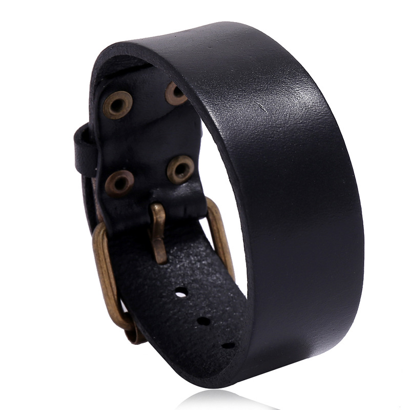 Men Accessories Pk - สร้อยข้อมือหนังแท้ผู้ชายสไตล์มินิมอลวินเทจ ปรับความยาวได้ พร้อมหัวเข็มขัดแบบหมุด - เครื่องประดับ